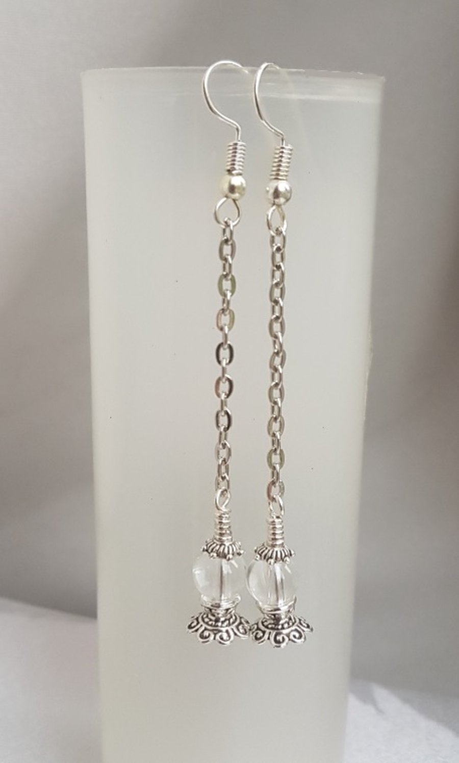 Gorgeous Tiny Crystal Ball Dangly Earrings - Silver Tones.