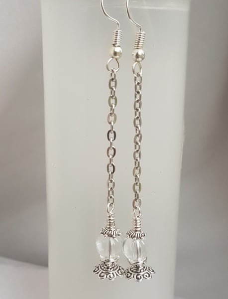 Gorgeous Tiny Crystal Ball Dangly Earrings - Silver Tones.