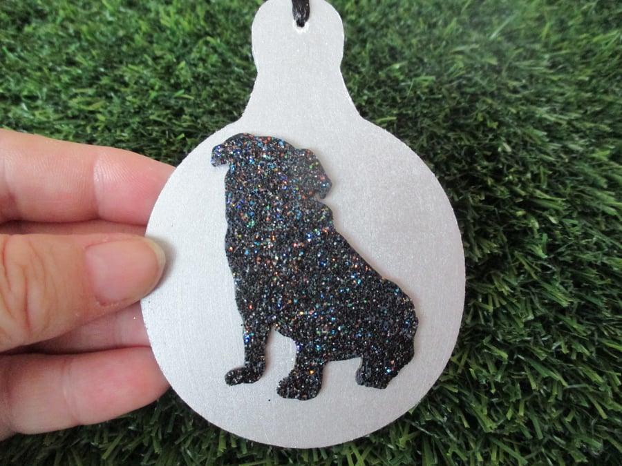 Pug Dog Christmas Tree Bauble Hanging Decoration Silver Glitter Glitter Twinkly 