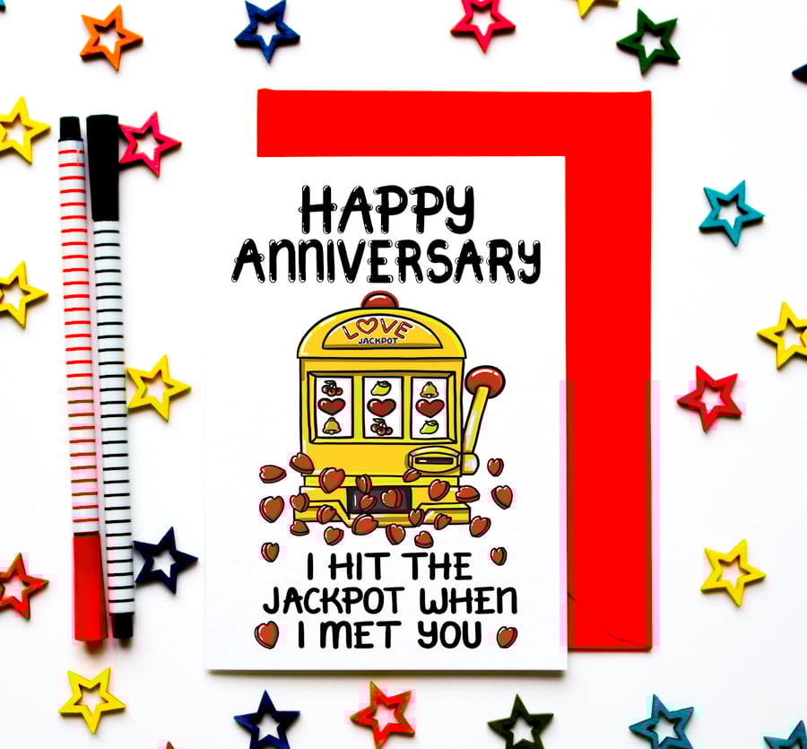 Anniversary Card For Husband, Wife, Funny I Hit The Jackpot Love Card