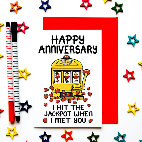 Anniversary Card For Husband, Wife, Funny I Hit The Jackpot Love Card