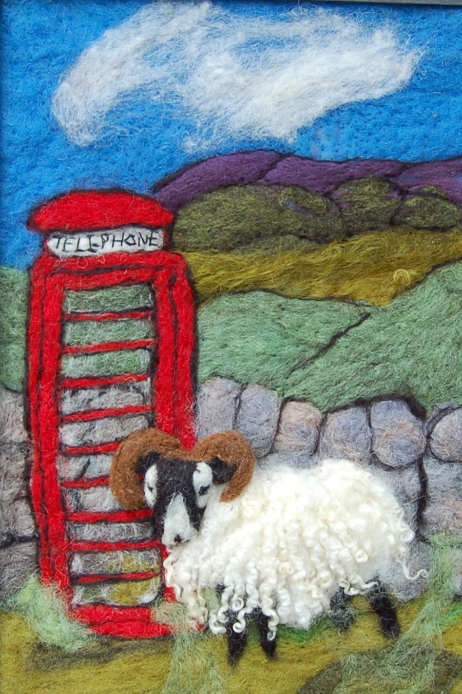 Yorkshire Dales Scene - Red Telephone Box and Sheep Needle felt picture