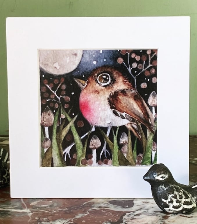Mounted Print from my Original Whimsical Moon Gazing Bird Watercolour Painting 