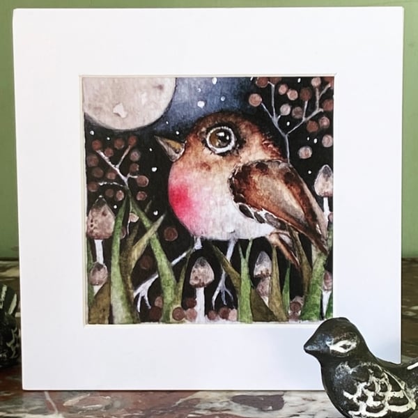 Mounted Print from my Original Whimsical Moon Gazing Bird Watercolour Painting 