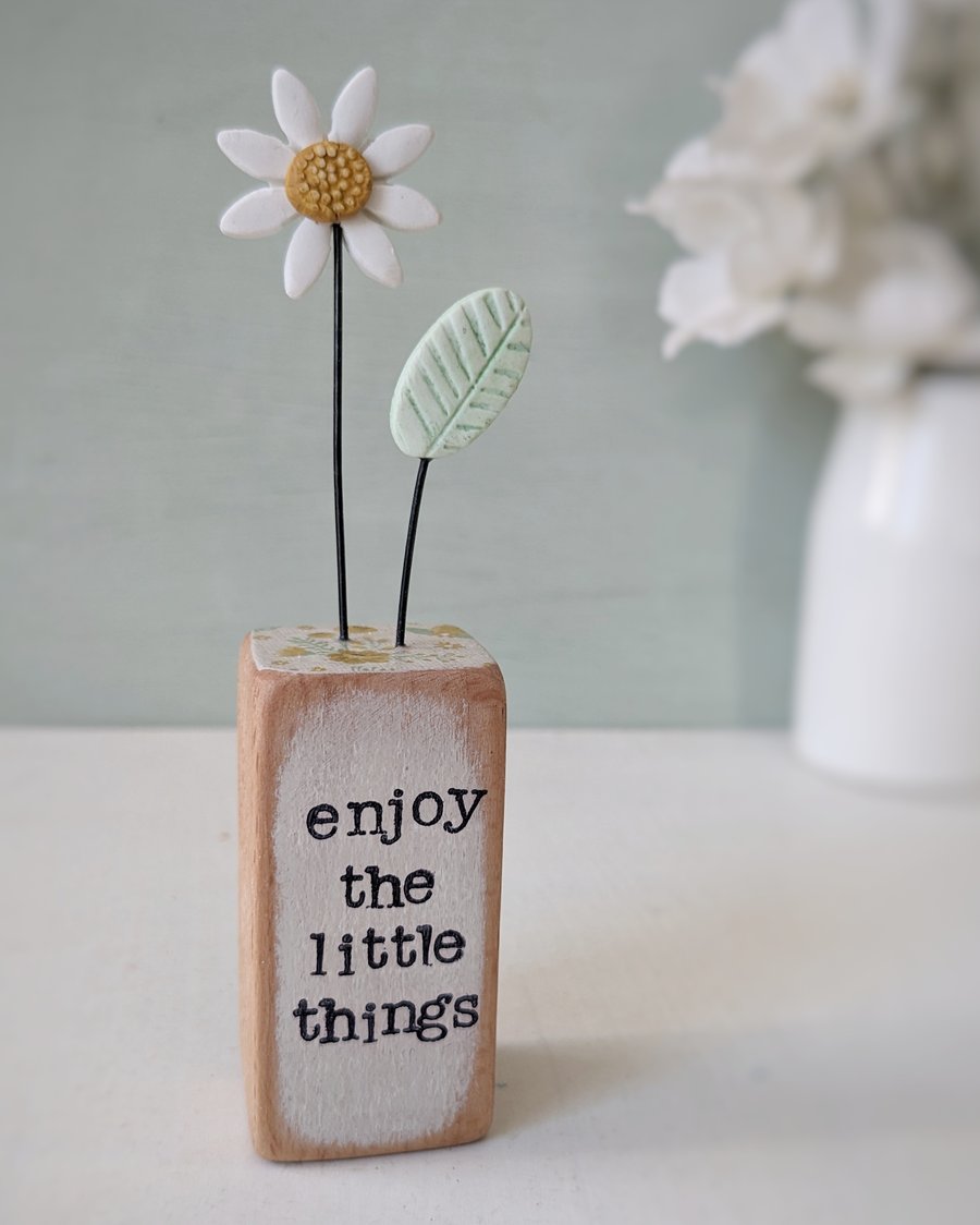 Clay Flower in a Printed Wood Block 'Enjoy the little things'