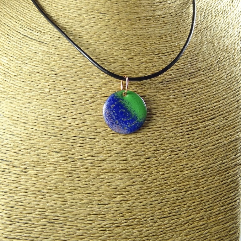 Pink blue green glass enamelled copper pendant on leather cord 22mm disc (0112)