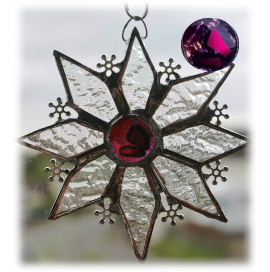 Sparkly Star Suncatcher Stained Glass Snowflake Red Cerise Handmade 9.5cm 041