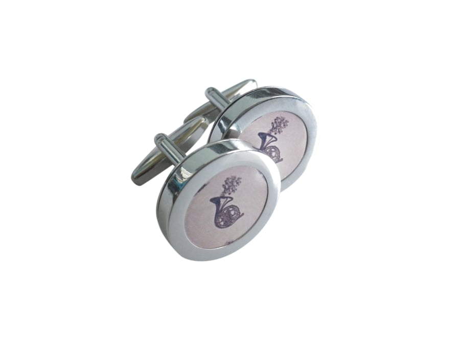 French Horn cufflinks, free shipping, gift wrapped, classy image, Ref 1234