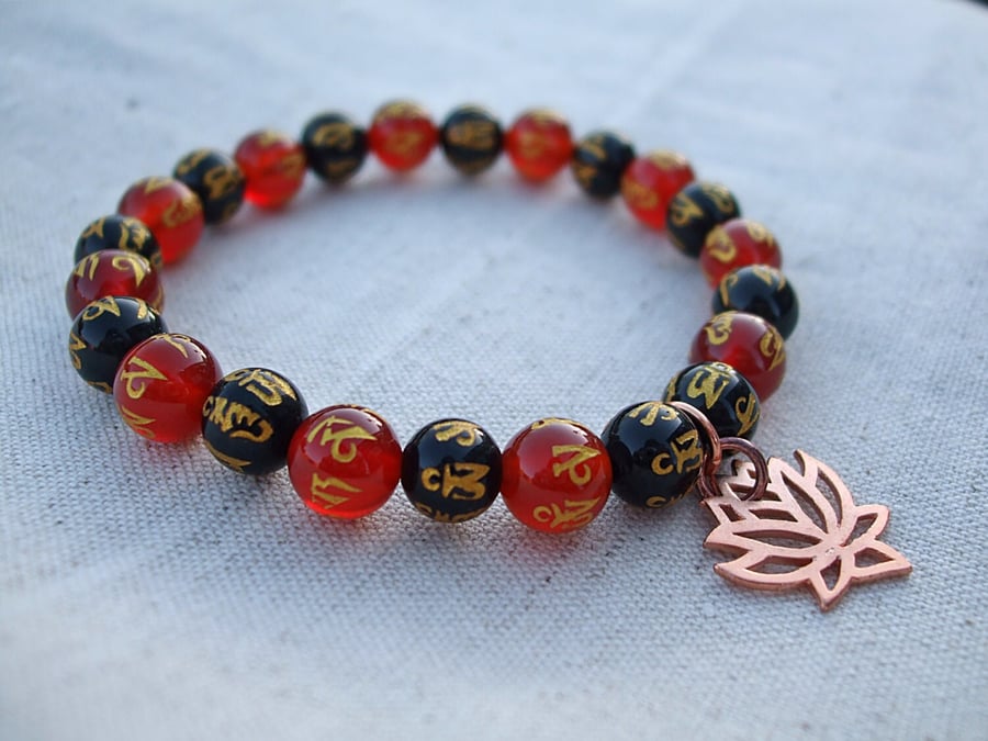 Copper Lotus Charm Om Mantra Bracelet, Red and Black Agate