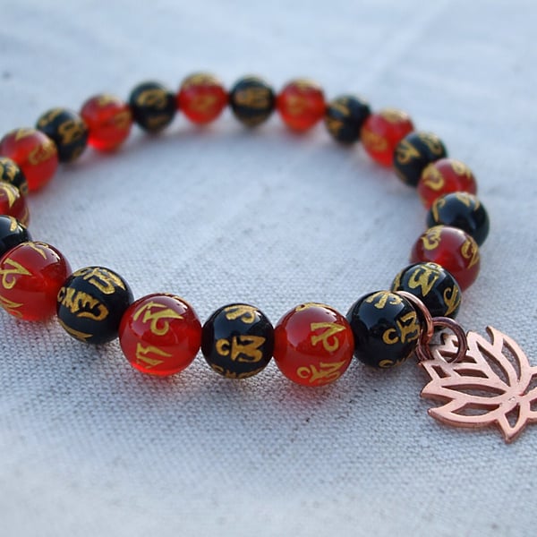 Copper Lotus Charm Om Mantra Bracelet, Red and Black Agate
