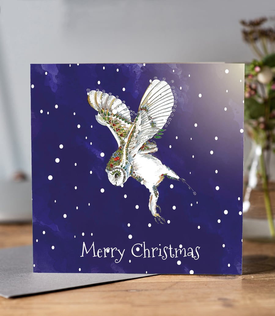 Snowy Barn owl Christmas card