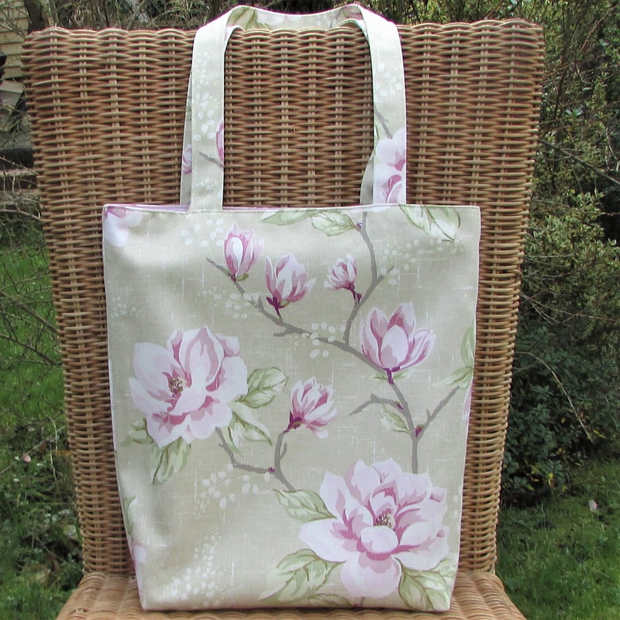 Pale green and pink floral Magnolias tote bag, handbag