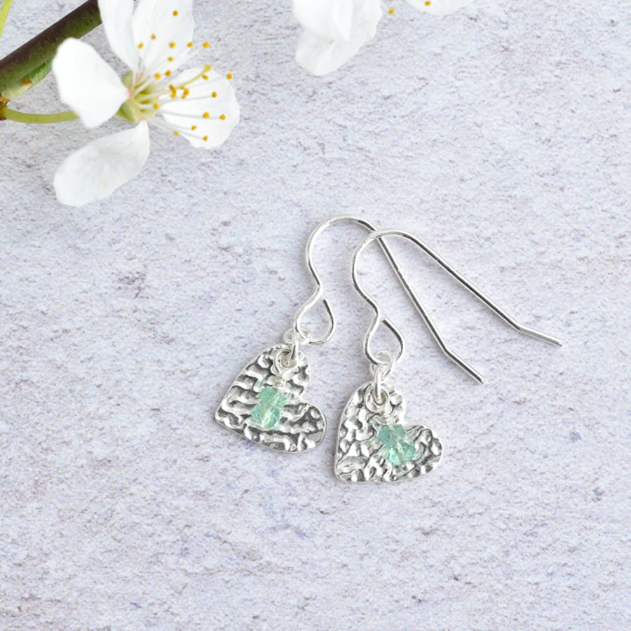 Emerald and Fine Silver Heart Earrings