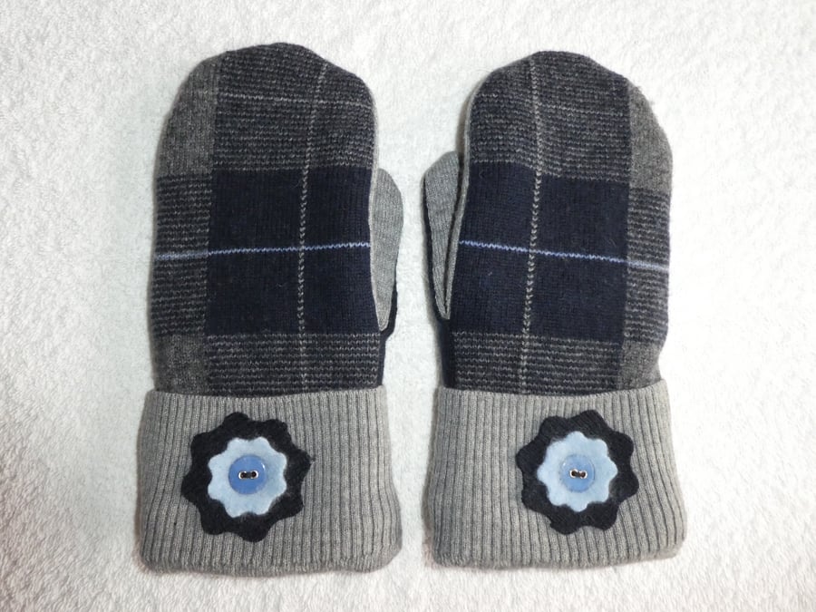 Mittens Created from Recycled Wool Jumpers. Fully Lined. Tartan Grey Cuff