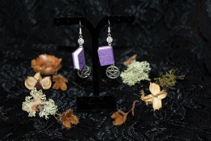 Purple Handmade Book Earrings With Pentacle Charms