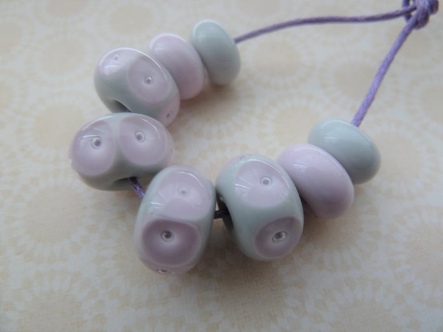 handmade lampwork grey and pink glass beads