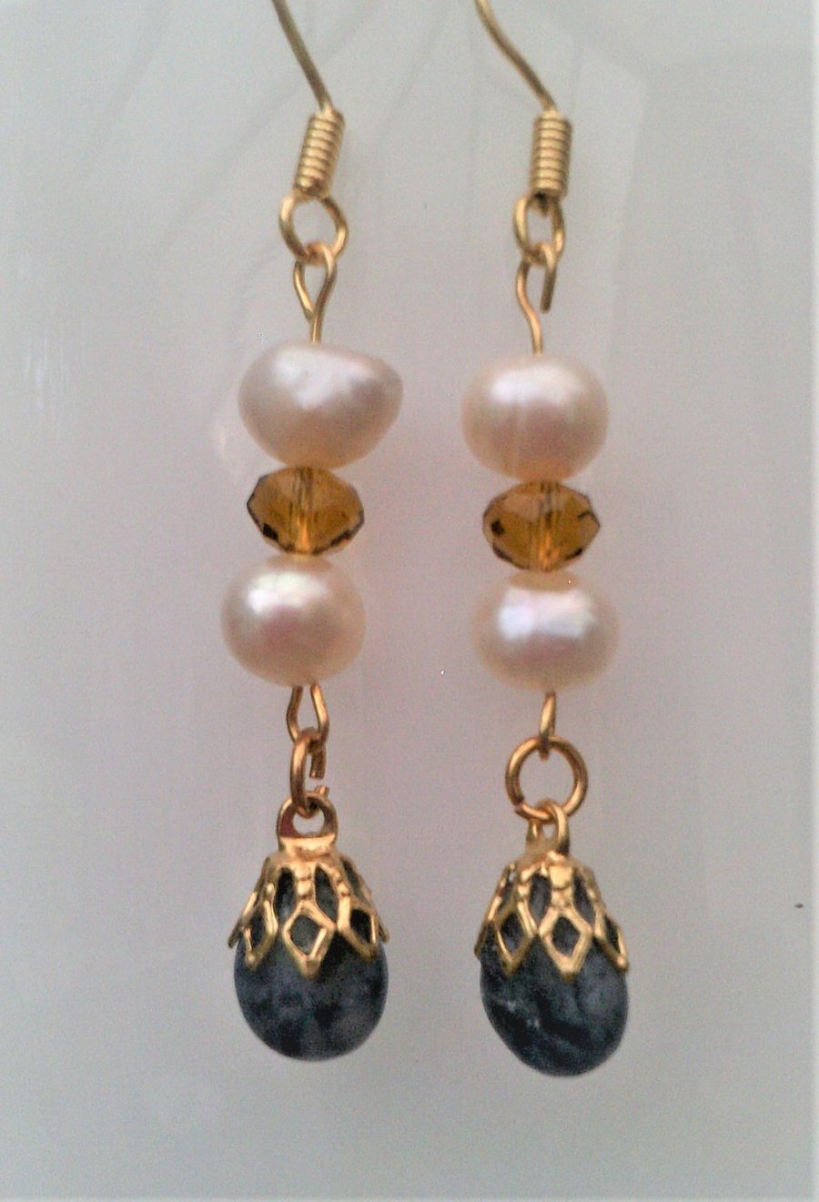White Freshwater Pearls & Blue Sodalite Earrings, Long Dangle Earrings