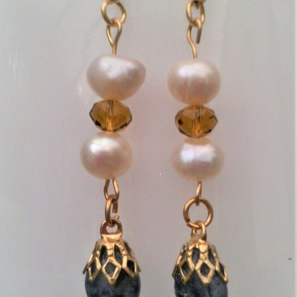 White Freshwater Pearls & Blue Sodalite Earrings, Long Dangle Earrings