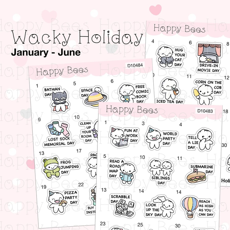 Wacky Holiday Doodles January to June - Cute Journal Planner Stickers