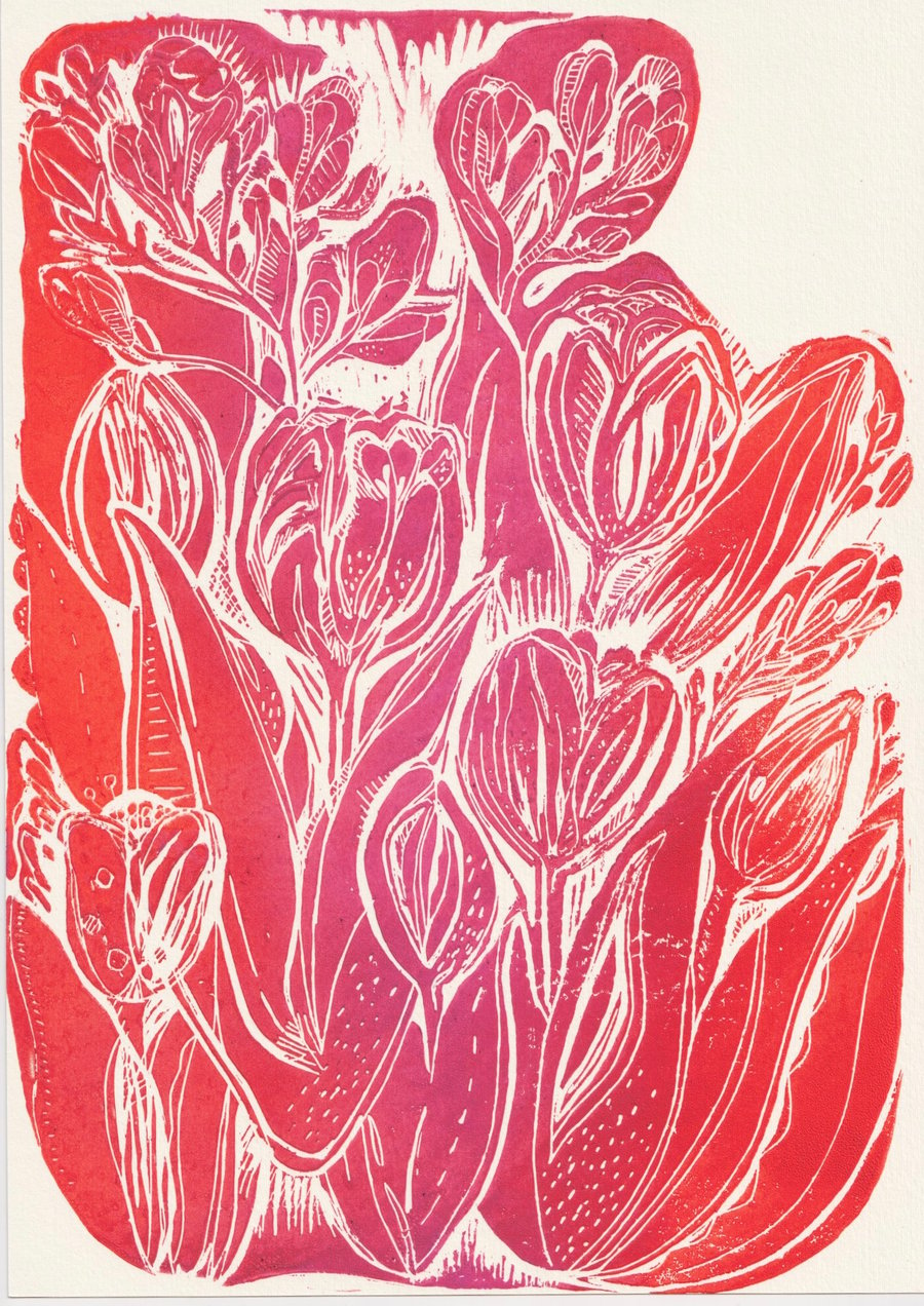 Tulip Linocut Print A4 . Pink & Orange Original Art