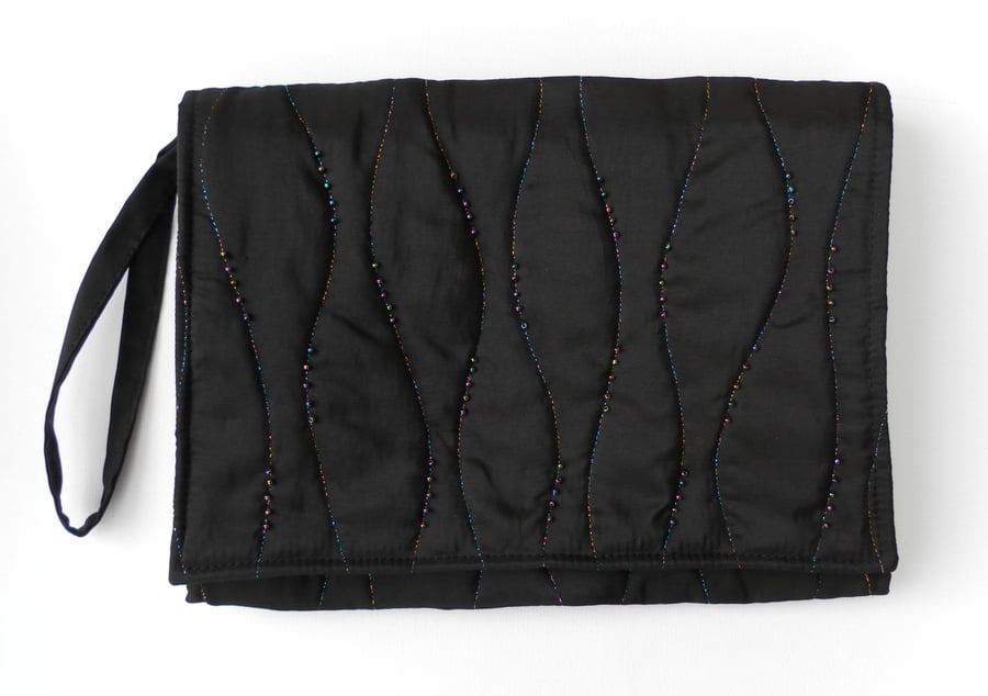 Clutch, Handbag, Black Satin, Evening Bag, Quilted and Beaded