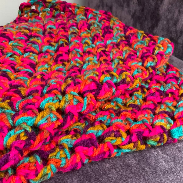 Small Crochet Blanket in Bright Psychedelic Cerise Pink Colours, Knee Warmer 
