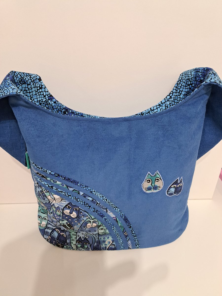 Big blue corduroy tote bag with cats 