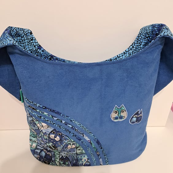 Big blue corduroy tote bag with cats 