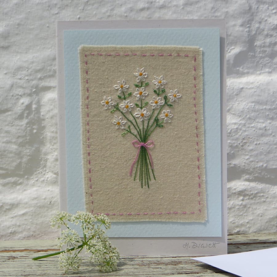 Lazy Daisies hand embroidered card with finely worked daisies and bow