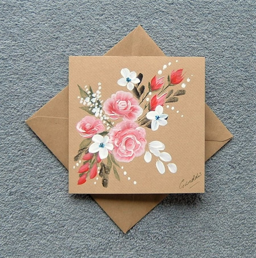 original art roses floral hand painted blank greetings card ( ref F 111)