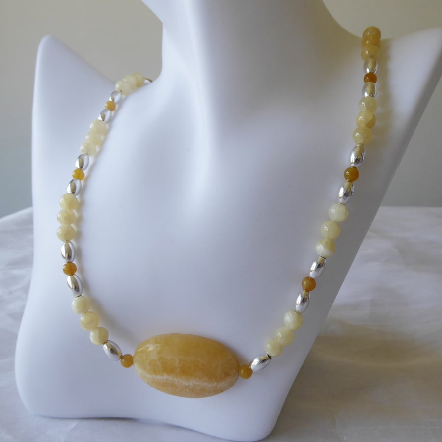 Yellow Calcite Beaded Necklace with Large Oval Feature Stone & Sterling Silver 