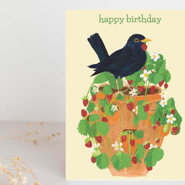 Happy Birthday card garden and blackbird  strawberry thief illustration 