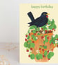 Happy Birthday card garden and blackbird  strawberry thief illustration 