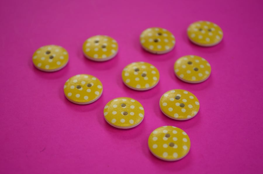 15mm Wooden Spotty Buttons Candy Yellow With White Dots 10pk Spot Dot (SSP8)