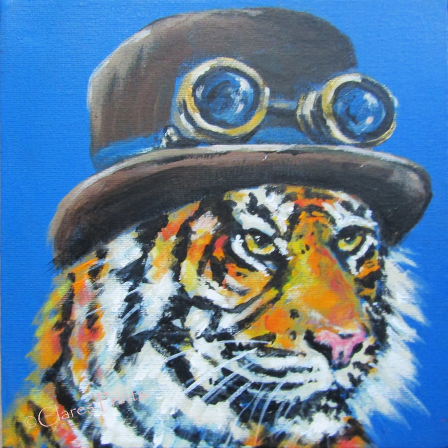 Steampunk Tiger Art Original Acrylic Painting on Canvas OOAK Retro 