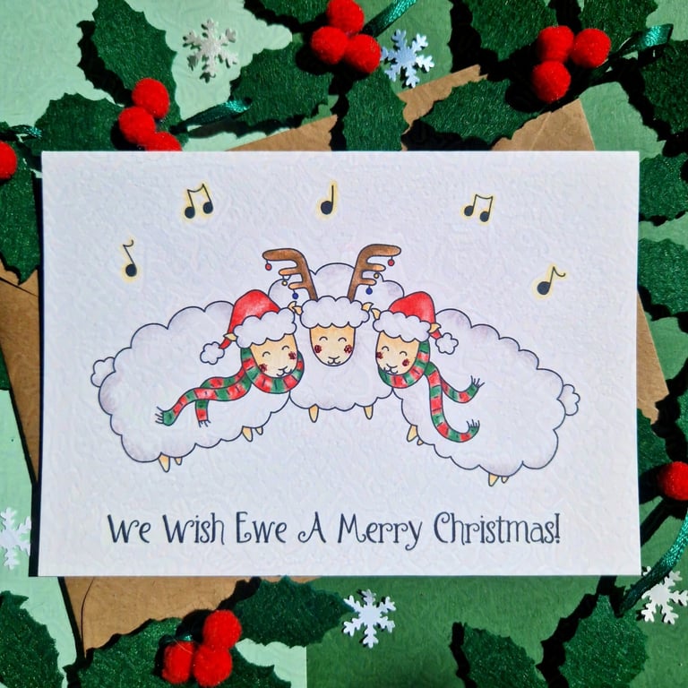 Sheep Christmas card, We wish ewe a Merry Christmas! Carol singing card