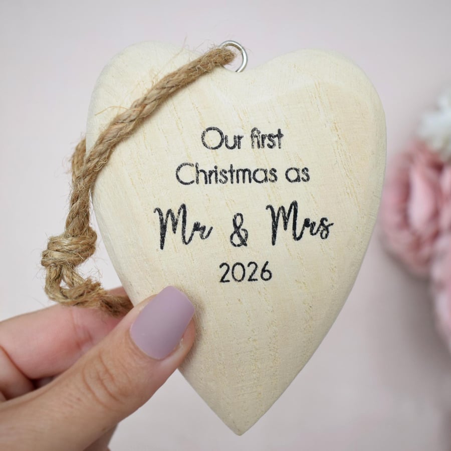 Our First Christmas as Mr & Mrs 2026 Wooden Heart Newlywed Christmas Ornament