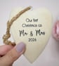 Our First Christmas as Mr & Mrs 2026 Wooden Heart Newlywed Christmas Ornament