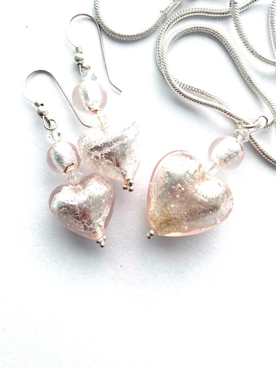 Murano glass silver and pink pendant and earrings set.