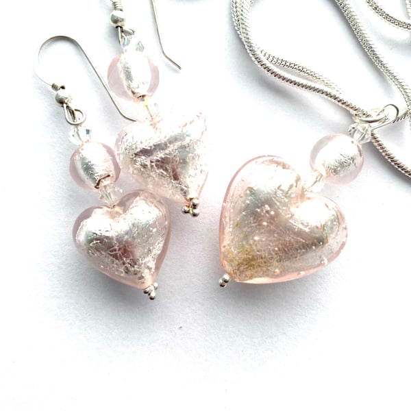 Murano glass silver and pink pendant and earrings set.