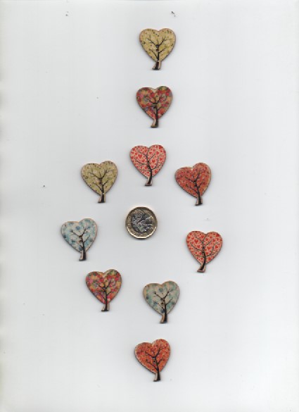 Pack of 10 assorted colourful wooden HEART craft buttons CLEARANCE