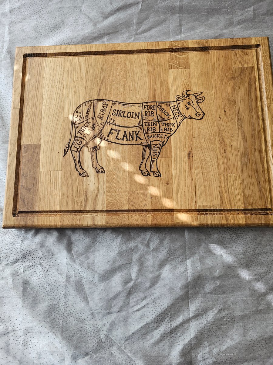Large oak chopping board 48x35x4cm cow with beef cuts design laser engraved.