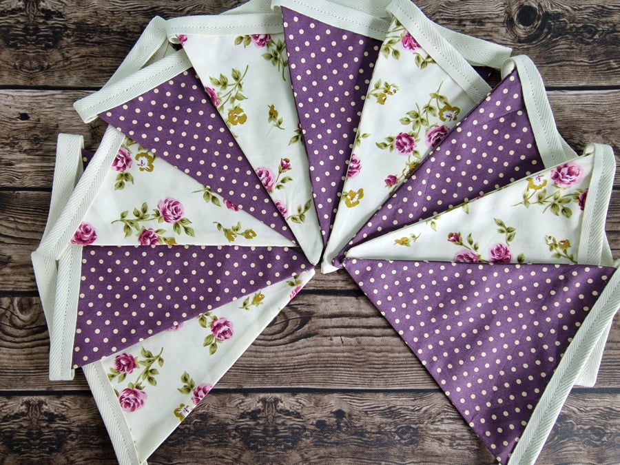 Vintage Style Purple Floral & Spotted Double Sided Handmade Fabric Bunting
