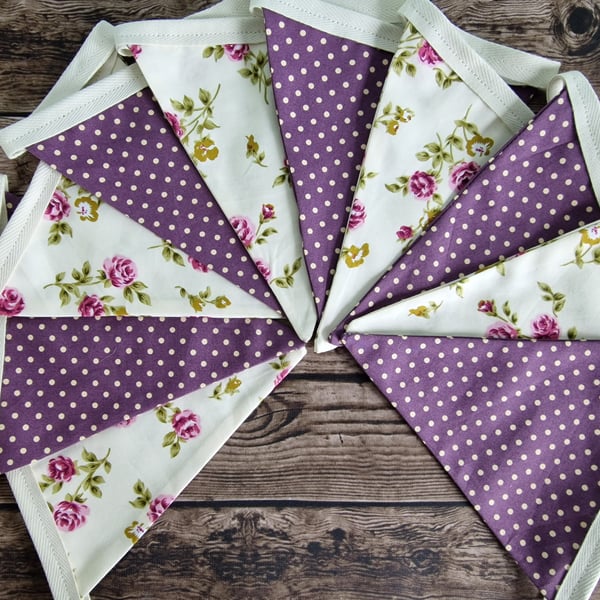 Vintage Style Purple Floral & Spotted Double Sided Handmade Fabric Bunting