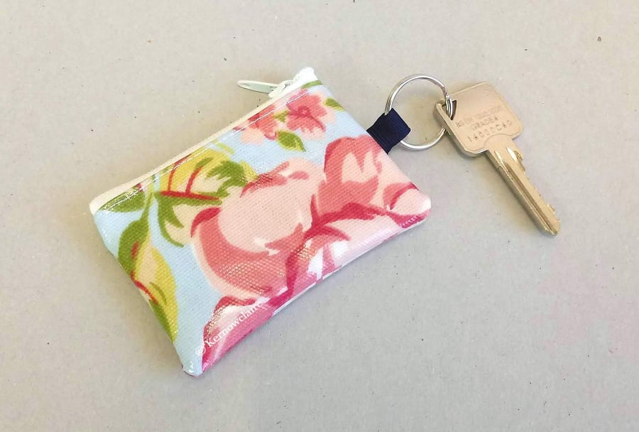 Mini coin purse key ring in blue and pink