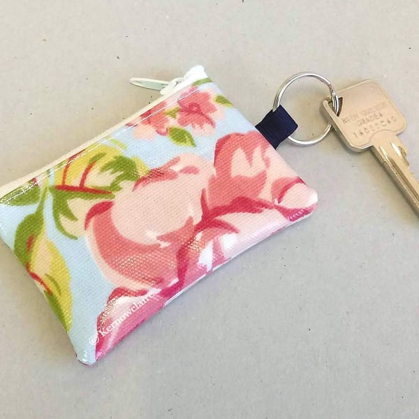 Mini coin purse key ring in blue and pink