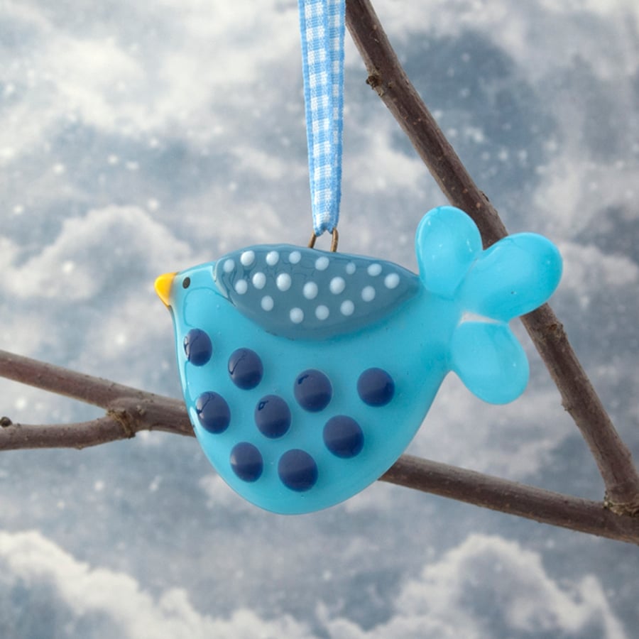 Blue Spotty Fused Glass Bird Decoration