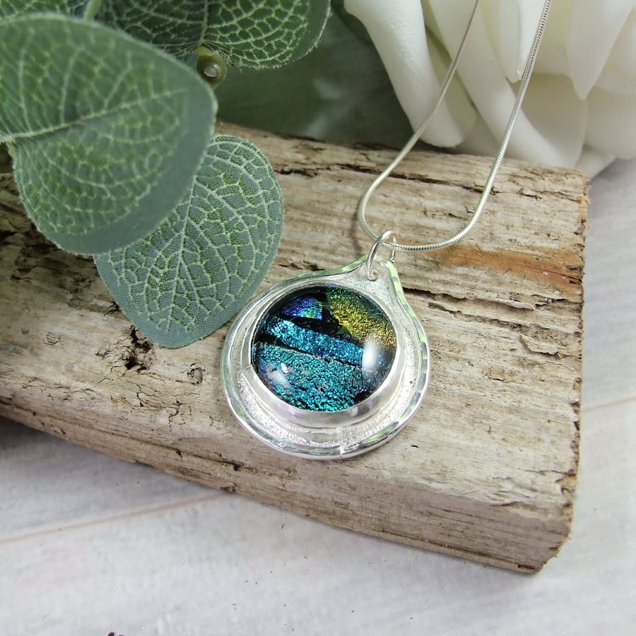 Dichroic Glass Necklace, Sterling Silver Abstract Seascape Pendant