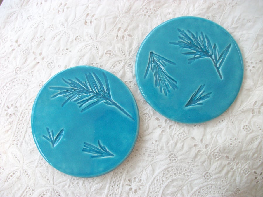 2 Round  Turquoise Ceramic Coasters - Imprinted with Rosemary