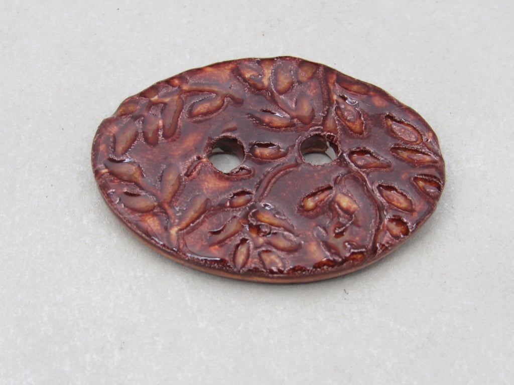 Large Bright Copper Sprig Oval Handmade Ceramic Button